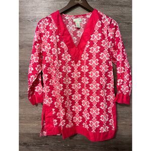 Caribbean Joe size Large tunic women Pink Resort Pool V neck Vacation Tunic